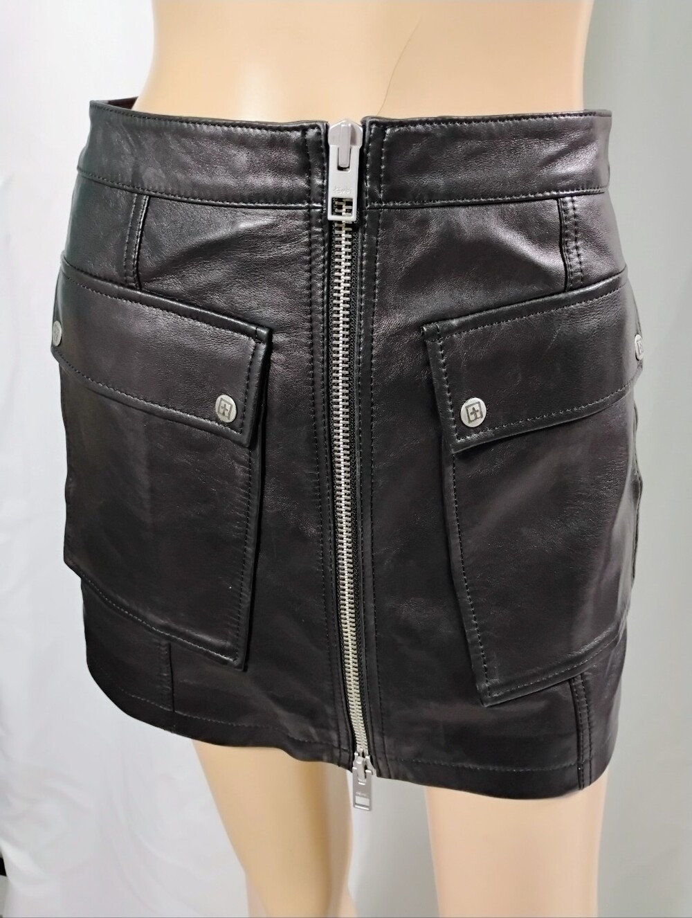 Ksubi Black Leather Mini Skirt Sz S Lined Pockets Full Zip Front